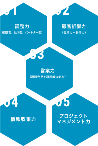 01 調整力 （顧客間、社内間、パートナー間） 02 顧客折衝力 （交渉力＋説得力） 03 営業力 （課題発見＋課題解決能力） 04 情報収集力 05 プロジェクト マネジメント力